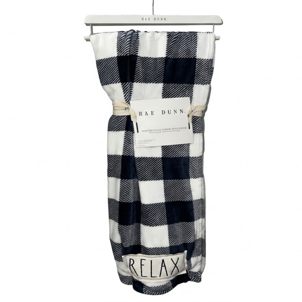 Rae Dunn Navy Blue & White Buffalo Check 'RELAX'  Blanket